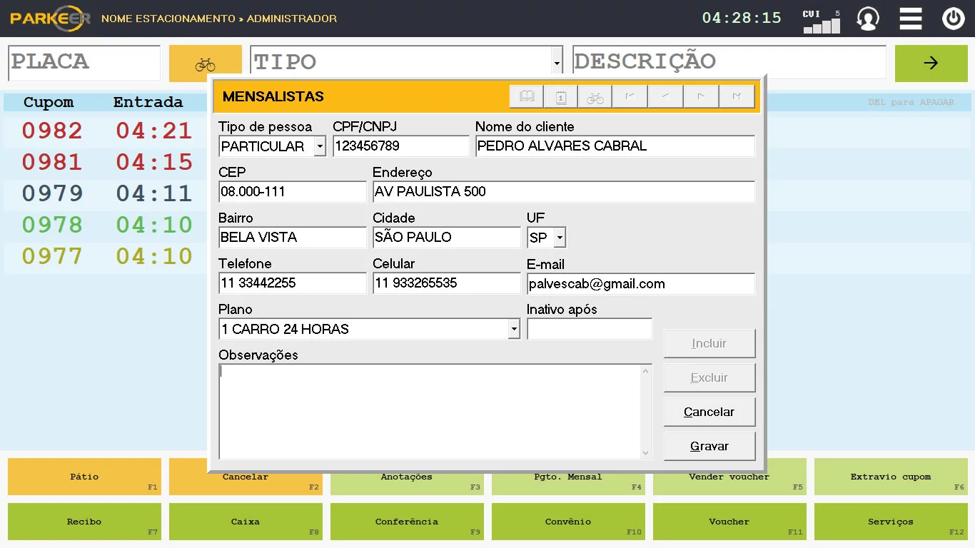 Cadastro do mensalista no aplicativo